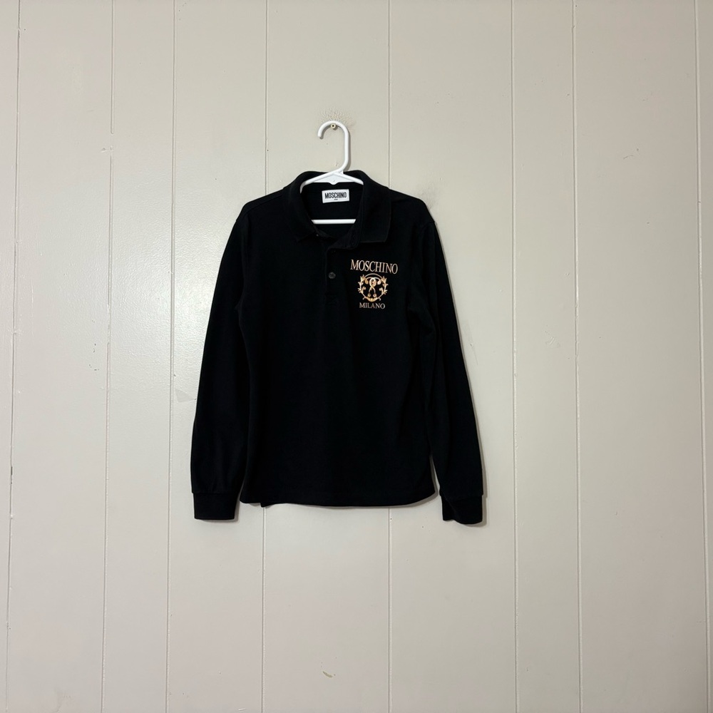 Moschino Kids Black Long Sleeve Polo Shirt Gold Logo Size 8A